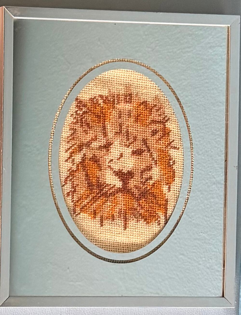 Vintage Lion Cross Stitch Mirror Frame - 1970s Silver Needlepoint Wall Decor